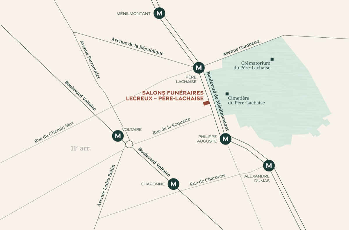 Plan d'accès aux Salons Funéraires Lecreux, 37 boulevard de Ménilmontant, face au cimetière du Père-Lachaise